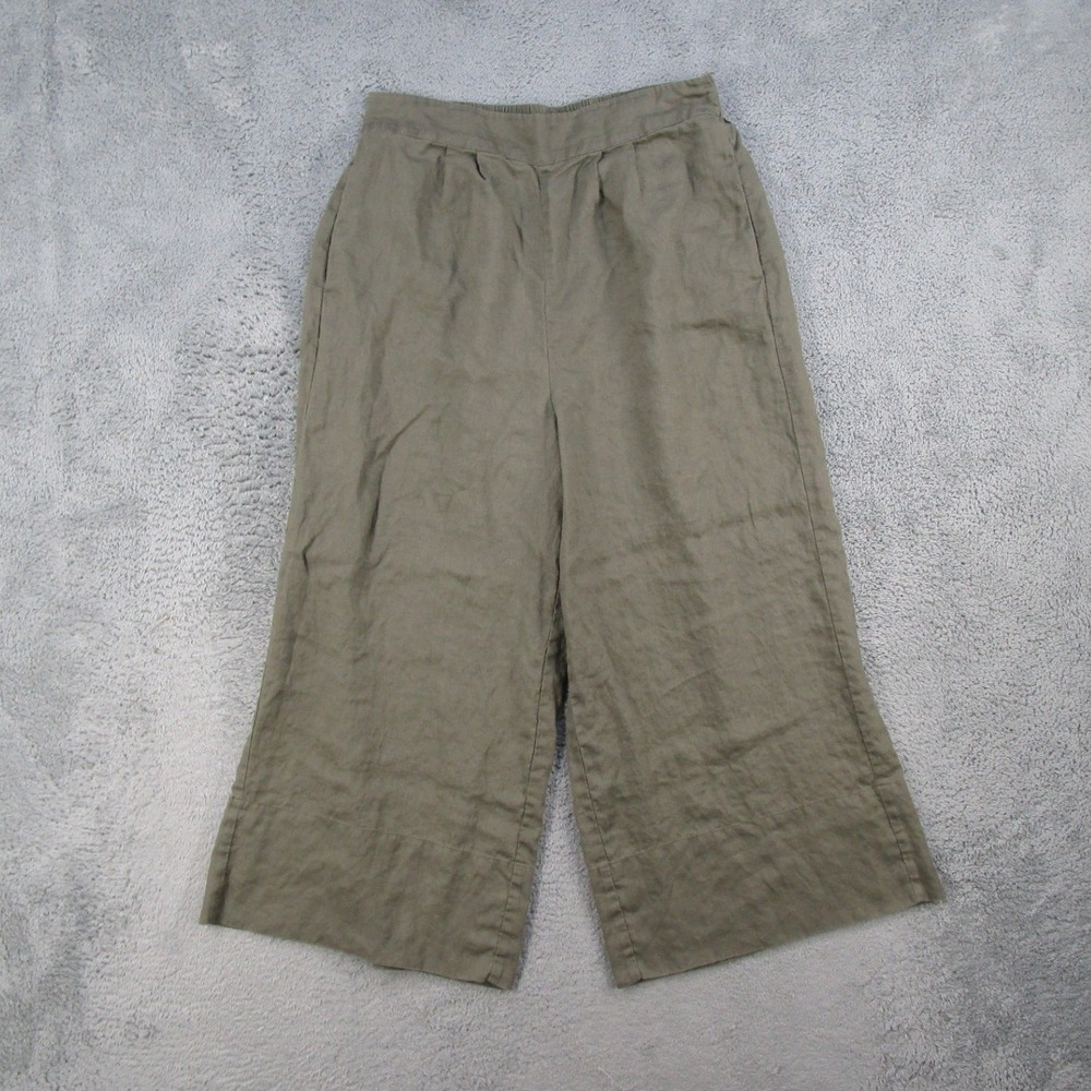The Reset R Label Women Olive Green 100% Linen Wide Leg Cropped Pants Size L